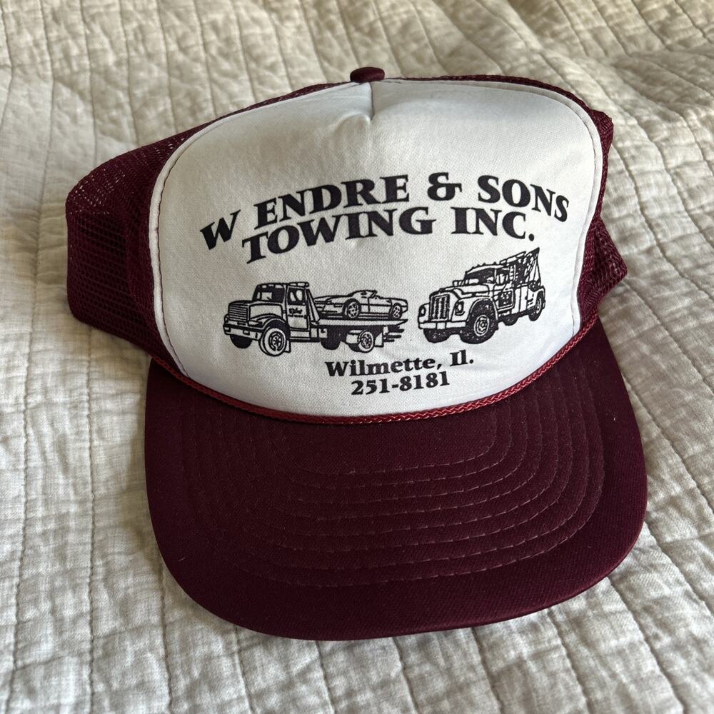 Vintage Trucker Hat SnapBack Maroon W Ended & Sons Towing Inc Wilmette, IL